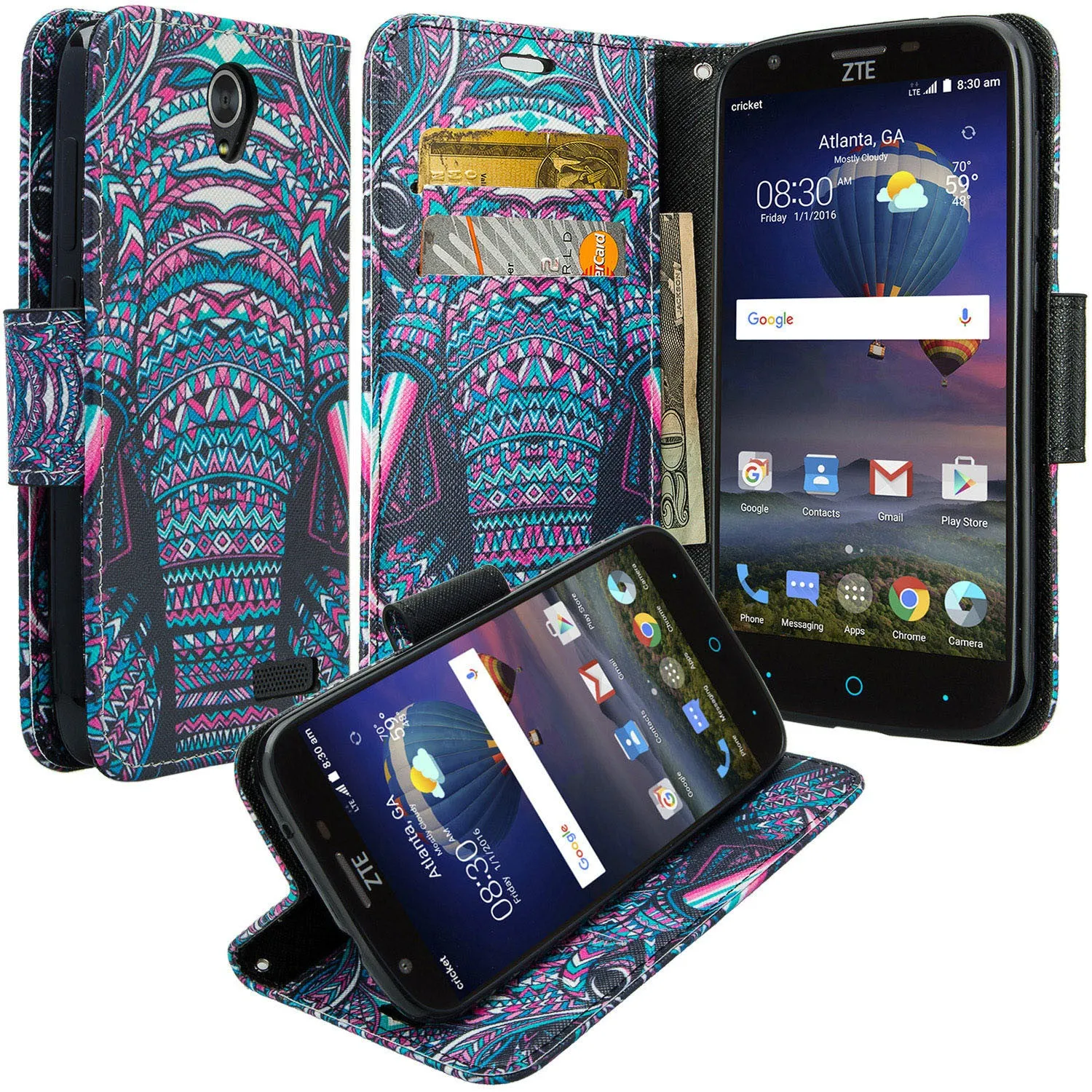 ZTE Grand X3, ZMAX Grand, ZMAX Champ, Warp 7, Avid 916 Case, Wrist Strap Magnetic Fold[Kickstand] Pu Leather Wallet Case Cover with ID & Credit Card Slots - Tribal Elephant