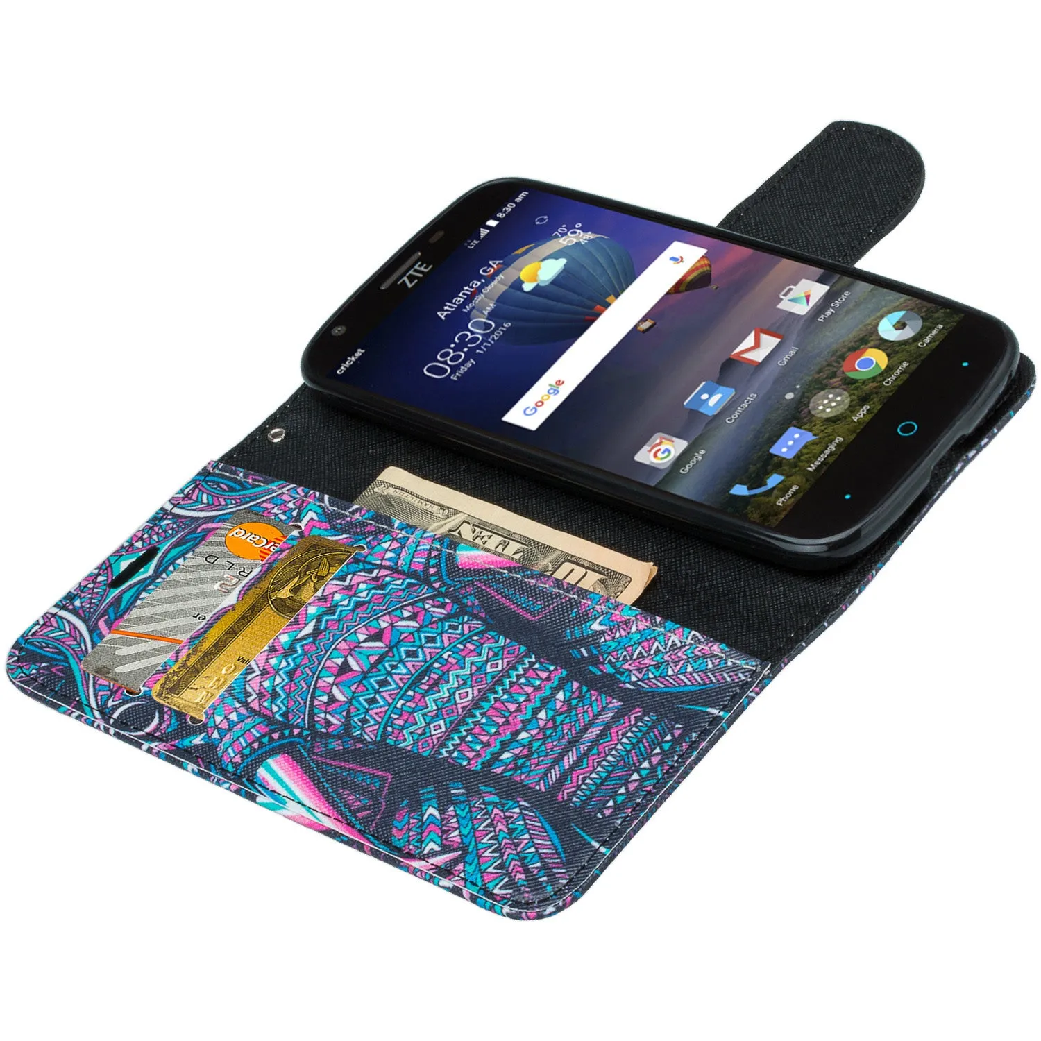 ZTE Grand X3, ZMAX Grand, ZMAX Champ, Warp 7, Avid 916 Case, Wrist Strap Magnetic Fold[Kickstand] Pu Leather Wallet Case Cover with ID & Credit Card Slots - Tribal Elephant