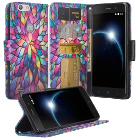 ZTE Sequoia | Blade Z Max | ZTE Z982 Case, Wrist Strap Pu Leather Magnetic Flip[Kickstand] Wallet Case Cover with ID & Card Slots - Rainbow Flower