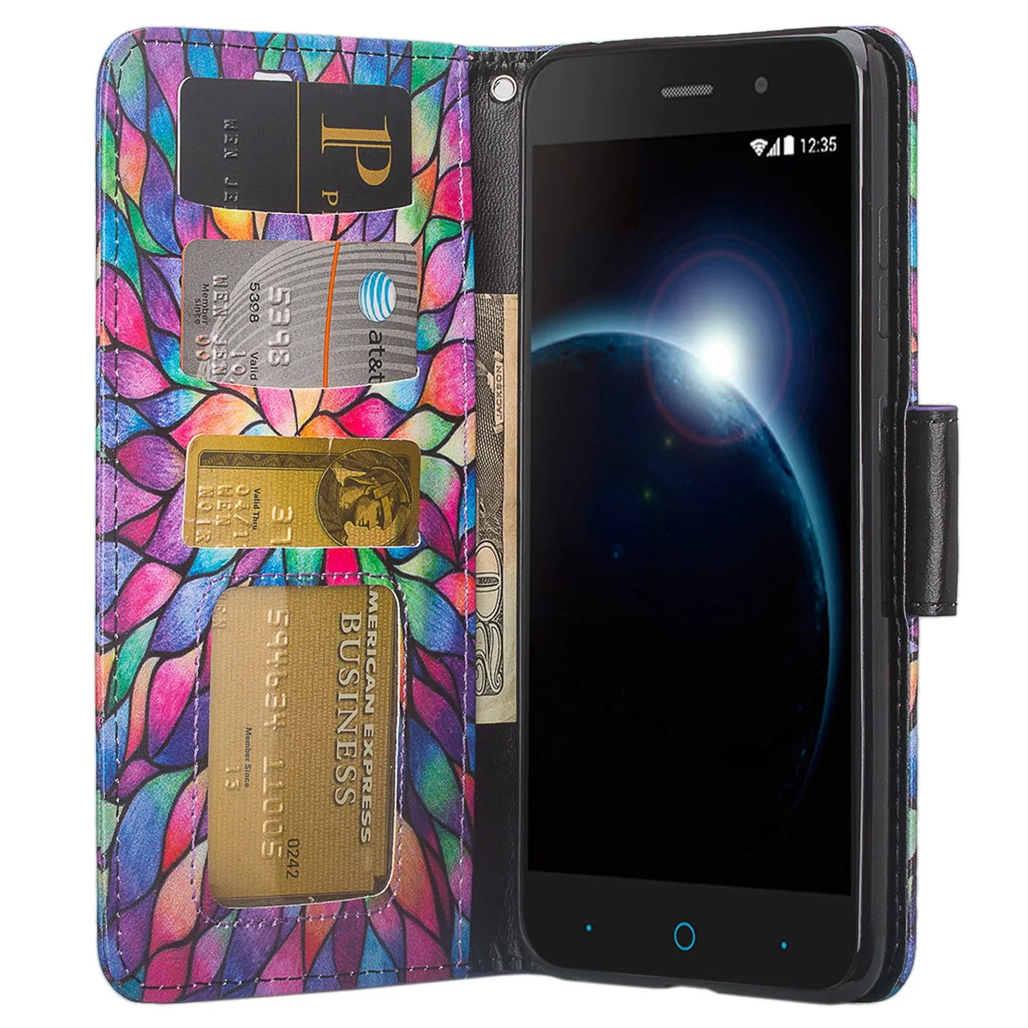 ZTE Sequoia | Blade Z Max | ZTE Z982 Case, Wrist Strap Pu Leather Magnetic Flip[Kickstand] Wallet Case Cover with ID & Card Slots - Rainbow Flower