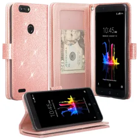 ZTE Sequoia Case, Blade Z Max, ZTE Z982 Case, [Wrist Strap] Glitter Faux Leather Flip [Kickstand Feature] Protective Wallet Case Clutch - Rose Gold