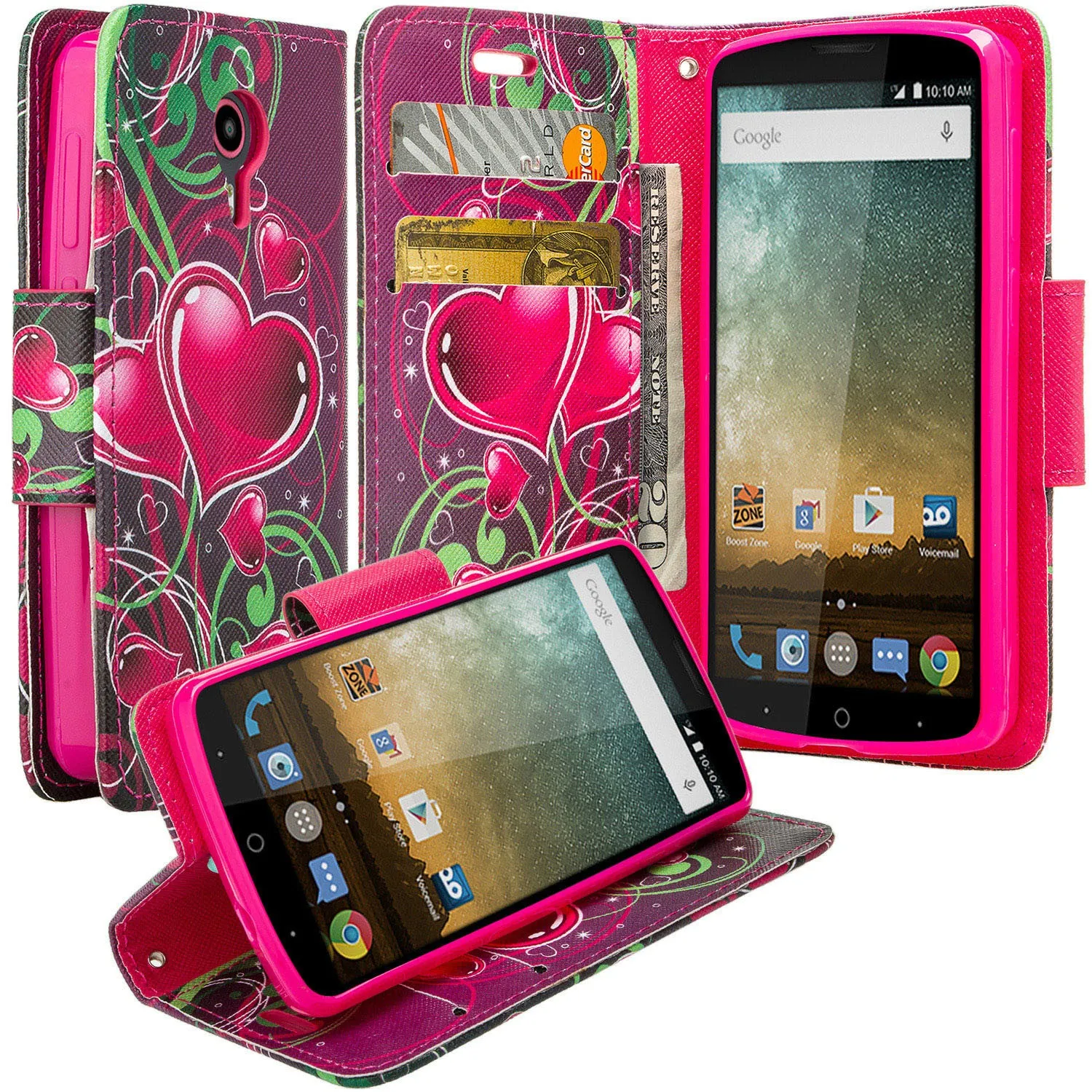 ZTE Ultra Case | ZTE Quest | ZTE Uhura Case, Wrist Strap Magnetic Flip Fold[Kickstand] Pu Leather Wallet Case with ID & Credit Card Slots for ZTE Ultra/Quest/Uhura - Heart Strings