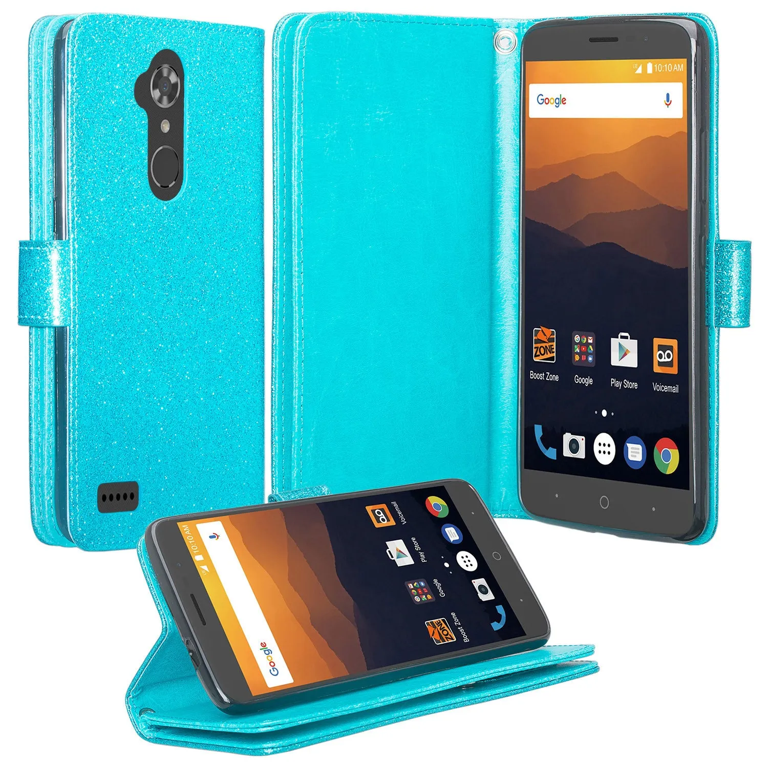 ZTE ZMax Pro, ZTE Imperial Max, MaX Duo LTE, Grand X Max 2 Case, ZTE Carry, ZTE Blade X Max, [Wrist Strap] Glitter Faux Leather Flip [Kickstand Feature] Wallet Case Clutch - Teal