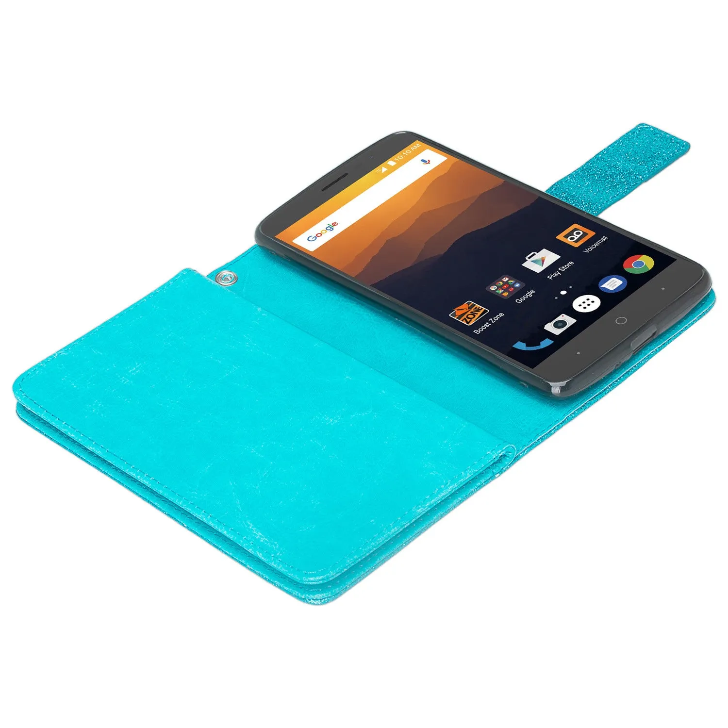 ZTE ZMax Pro, ZTE Imperial Max, MaX Duo LTE, Grand X Max 2 Case, ZTE Carry, ZTE Blade X Max, [Wrist Strap] Glitter Faux Leather Flip [Kickstand Feature] Wallet Case Clutch - Teal