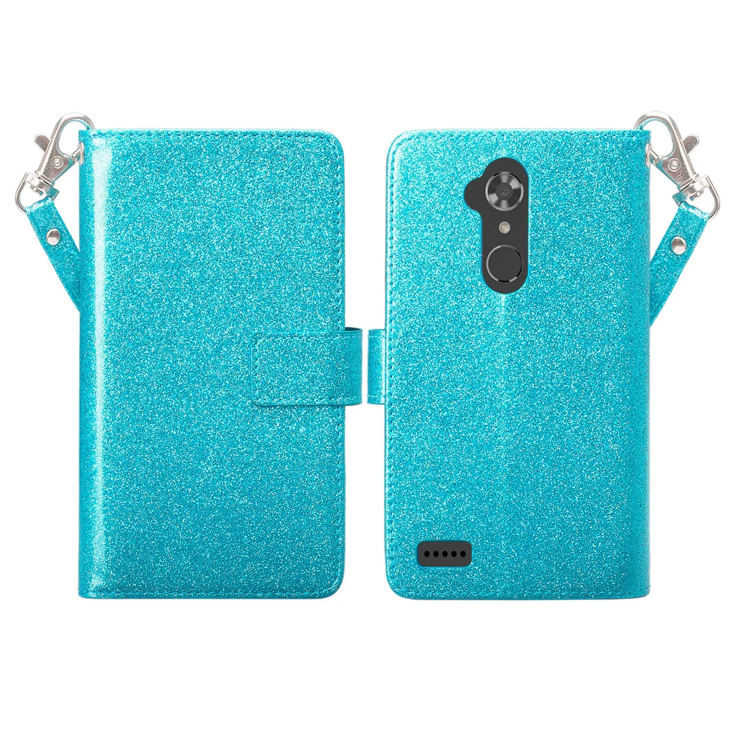 ZTE ZMax Pro, ZTE Imperial Max, MaX Duo LTE, Grand X Max 2 Case, ZTE Carry, ZTE Blade X Max, [Wrist Strap] Glitter Faux Leather Flip [Kickstand Feature] Wallet Case Clutch - Teal