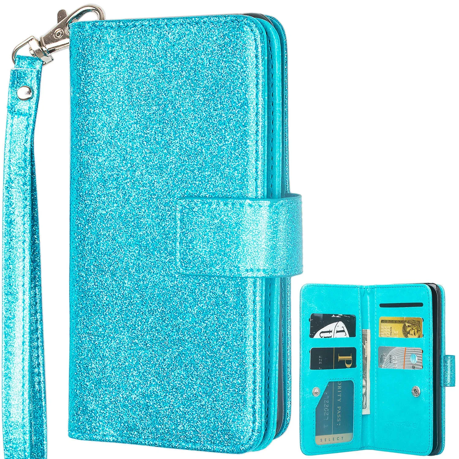 ZTE ZMax Pro, ZTE Imperial Max, MaX Duo LTE, Grand X Max 2 Case, ZTE Carry, ZTE Blade X Max, [Wrist Strap] Glitter Faux Leather Flip [Kickstand Feature] Wallet Case Clutch - Teal